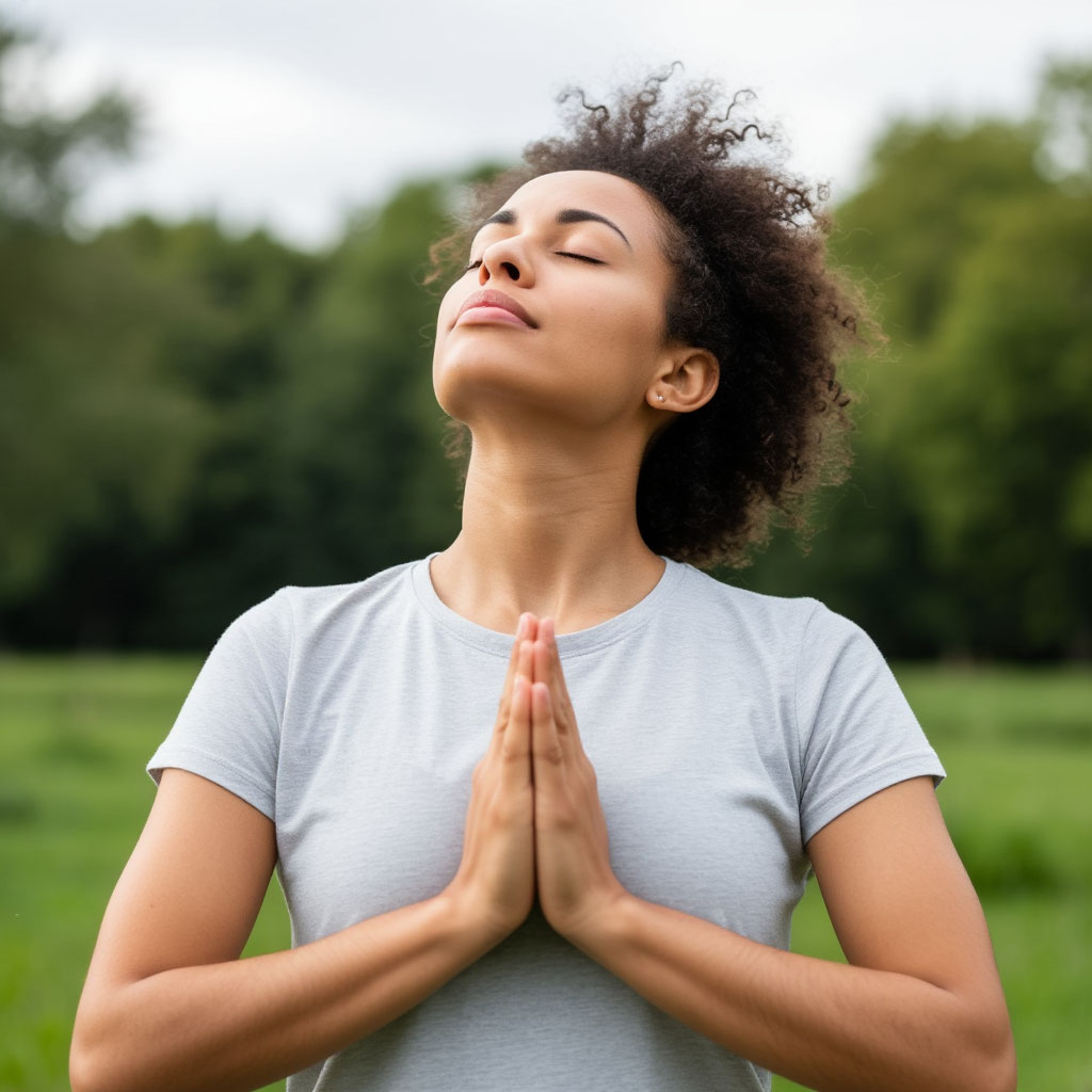 Person practicing breathing exercises outdoors